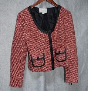 Hinge Red Black Bouclé Tweed Cropped Jacket Faux Leather Trim Women’s Small